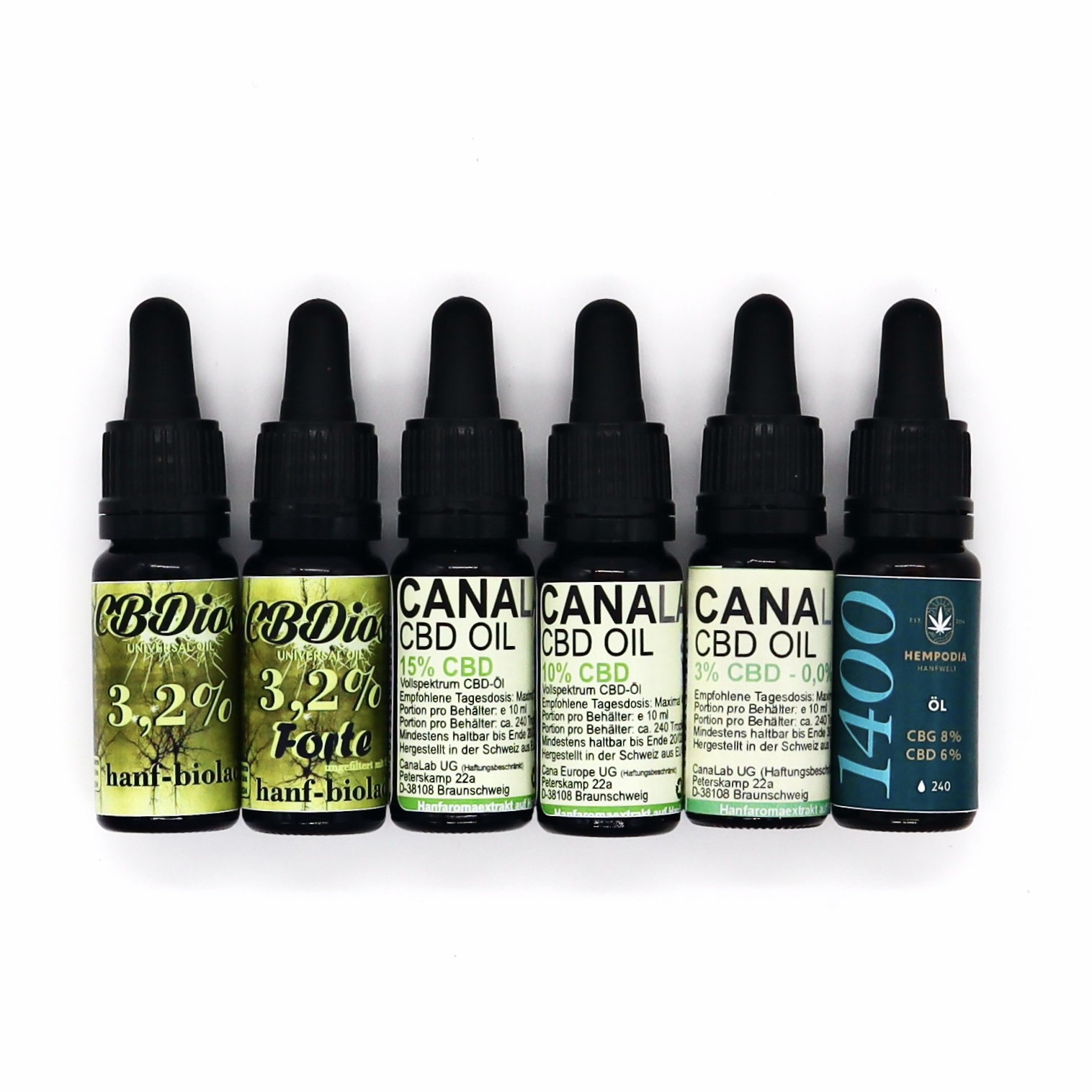 Auswahl verschiedener CBD Öle von Hanf.com